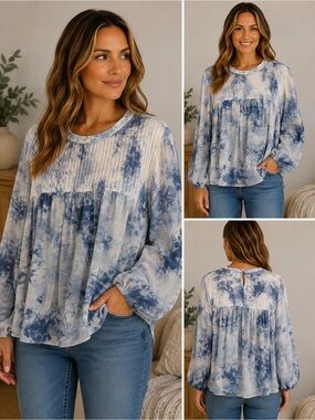 Ladies’ Blue Tie-Dye Pleated Yoke Top